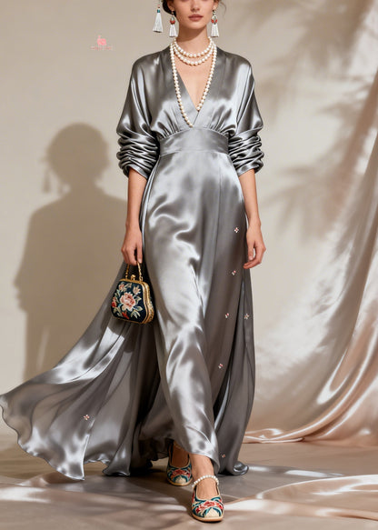 Deep V-Neck Floral Embroidered Satin Waistband Maxi Gown