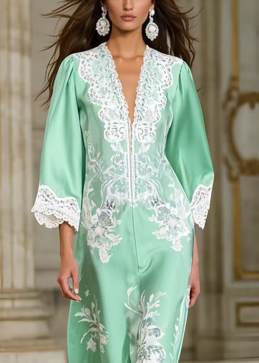 Deep V-Neck Lace Trim Ruffle Cuff Floral Print Satin Floor-Length Gown