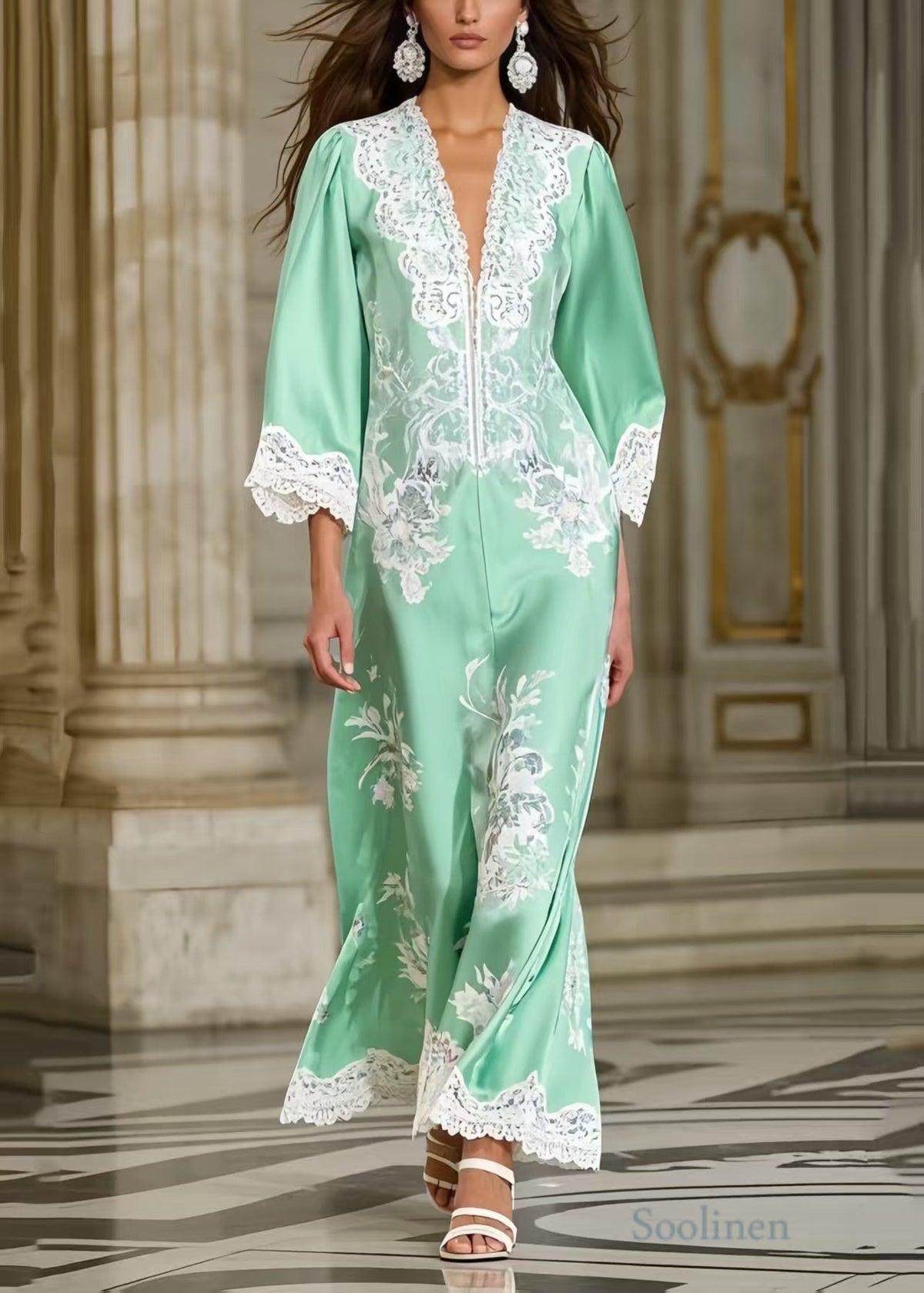 Deep V-Neck Lace Trim Ruffle Cuff Floral Print Satin Floor-Length Gown