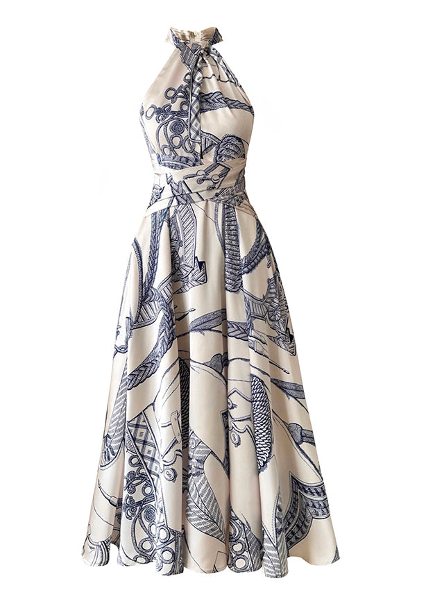 Halter Neck Criss Cross Waistband Architectural Line Art Print Maxi Gown
