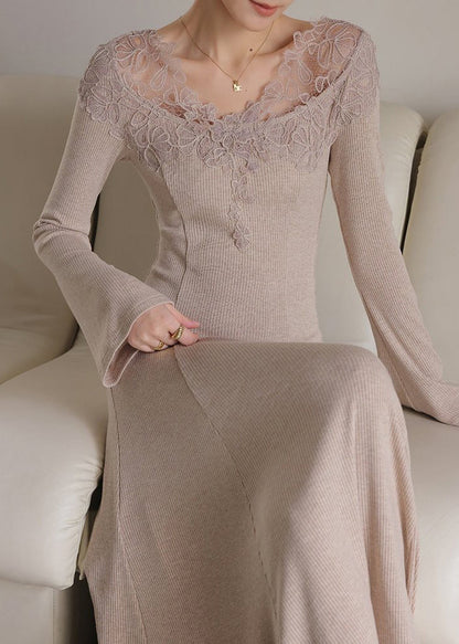 Lace Trim V Neck Ribbed Knit Bell Sleeve Midi Sweater Dress