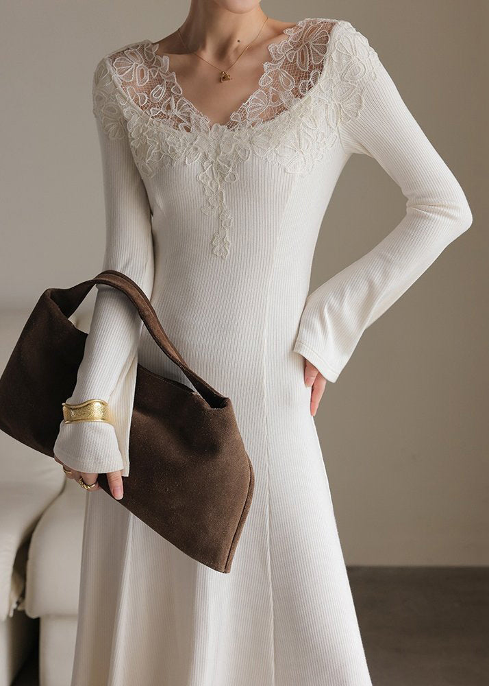 Lace Trim V Neck Ribbed Knit Bell Sleeve Midi Sweater Dress