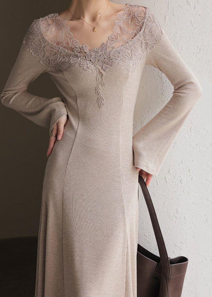 Lace Trim V Neck Ribbed Knit Bell Sleeve Midi Sweater Dress