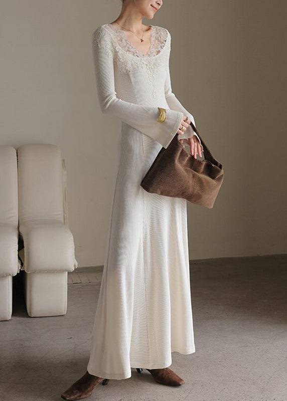 Lace Trim V Neck Ribbed Knit Bell Sleeve Midi Sweater Dress