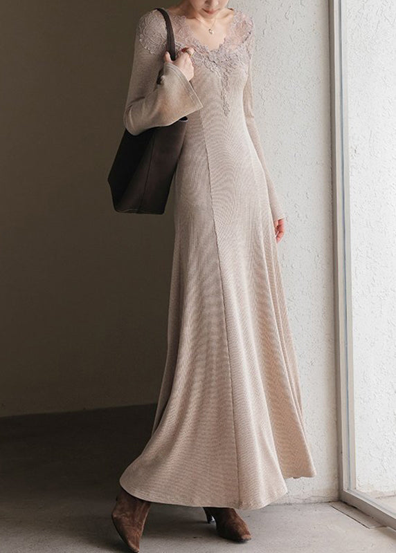 Lace Trim V Neck Ribbed Knit Bell Sleeve Midi Sweater Dress