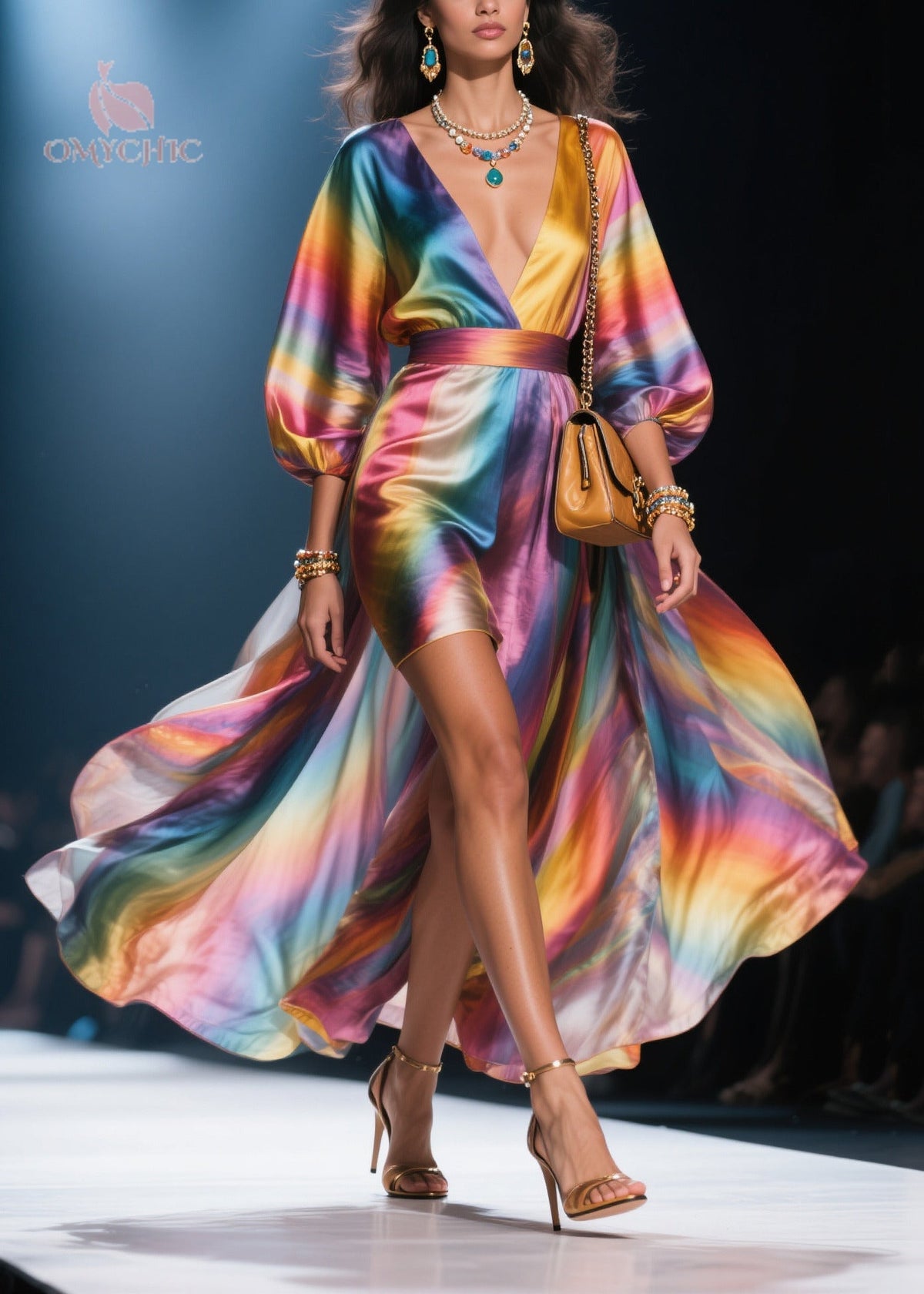 Deep V-Neck Balloon Sleeve Satin Rainbow Gradient High-Slit Maxi Dress
