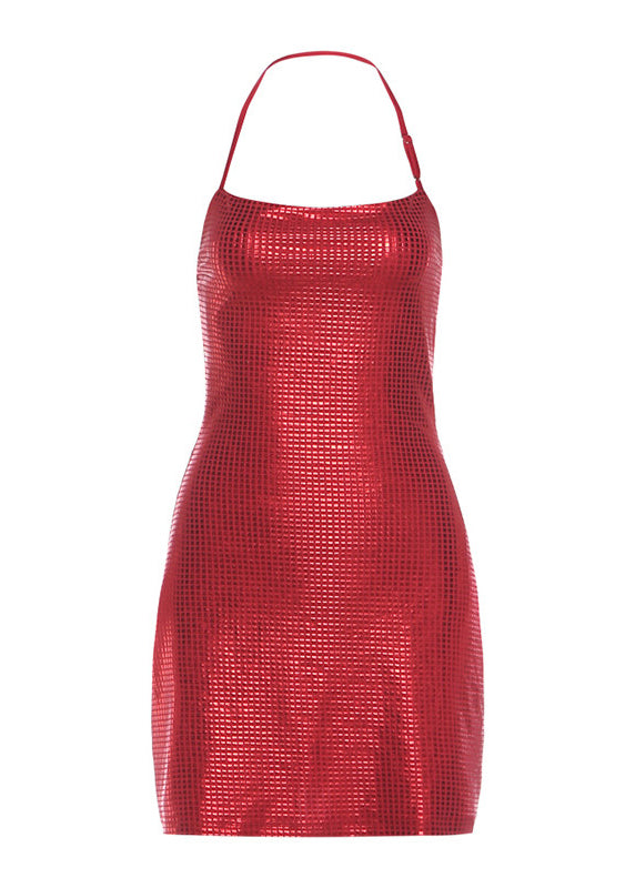 Halter Spaghetti Strap All-Over Rhinestone Mesh Mini Dress