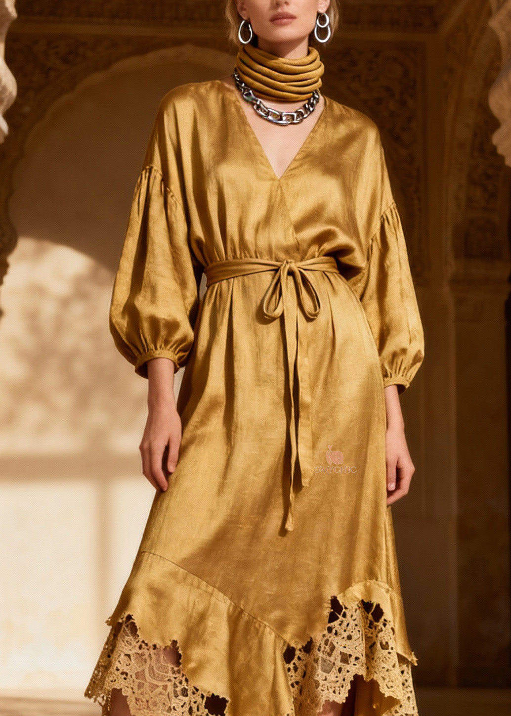 Deep V-Neck Puff Sleeve Wrap Belt Crochet Lace Trim Handkerchief Hem Midi Dress