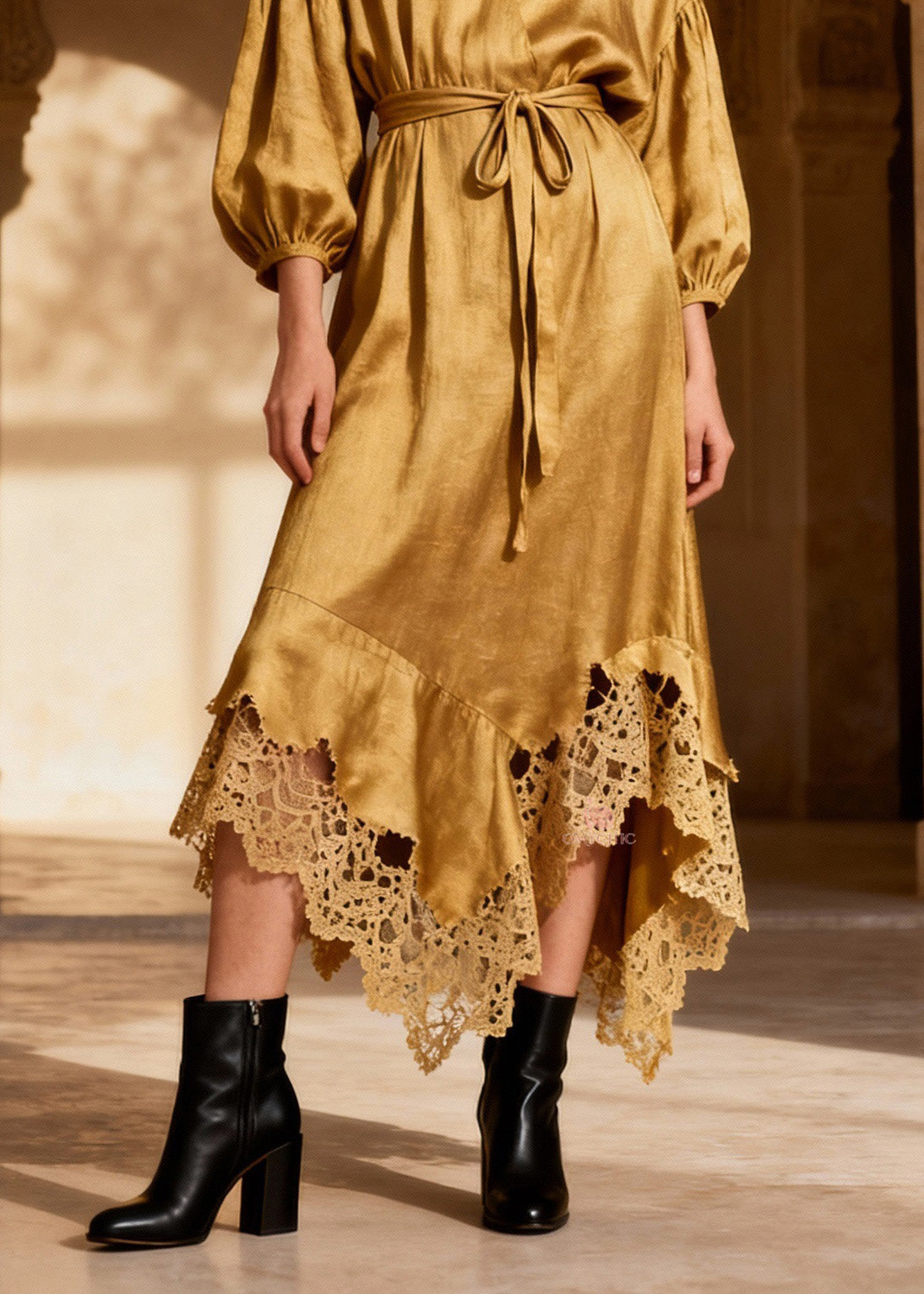 Deep V-Neck Puff Sleeve Wrap Belt Crochet Lace Trim Handkerchief Hem Midi Dress