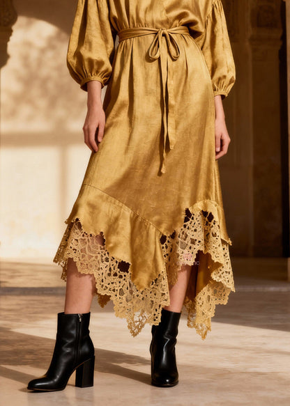 Deep V-Neck Puff Sleeve Wrap Belt Crochet Lace Trim Handkerchief Hem Midi Dress