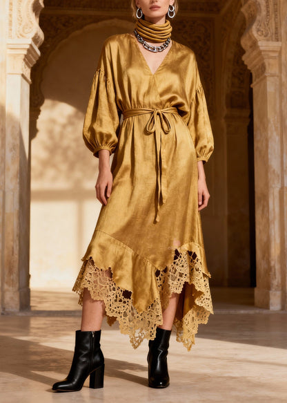 Deep V-Neck Puff Sleeve Wrap Belt Crochet Lace Trim Handkerchief Hem Midi Dress