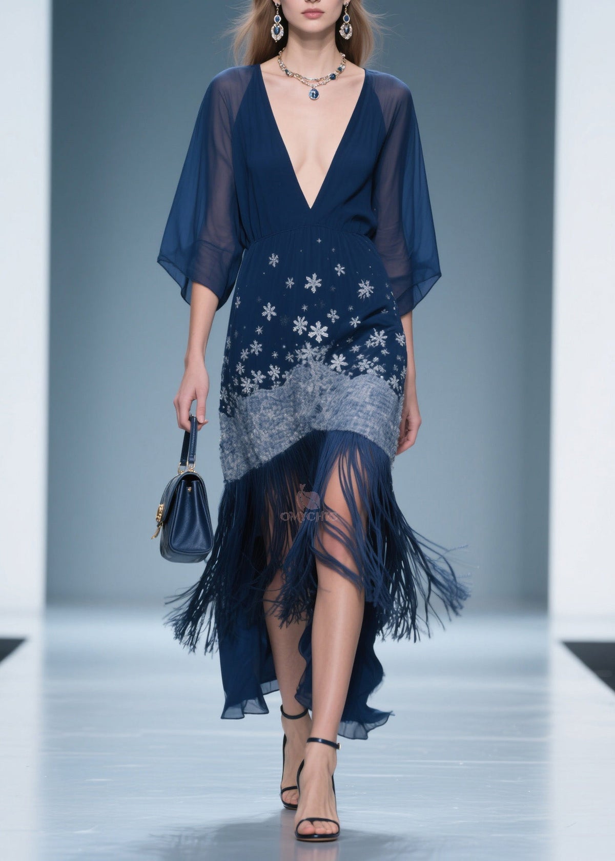 Deep V-Neck Kimono Sleeve Snowflake Embroidered Tassel Fringe High-Low Midi Dress