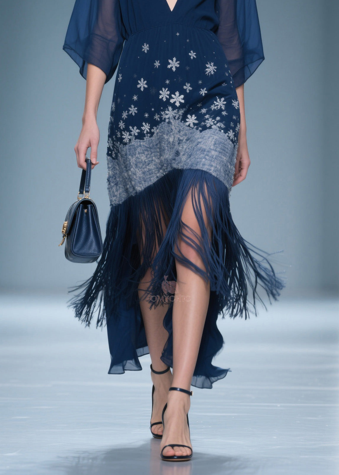 Deep V-Neck Kimono Sleeve Snowflake Embroidered Tassel Fringe High-Low Midi Dress