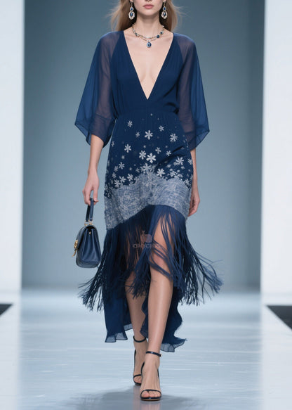 Deep V-Neck Kimono Sleeve Snowflake Embroidered Tassel Fringe High-Low Midi Dress