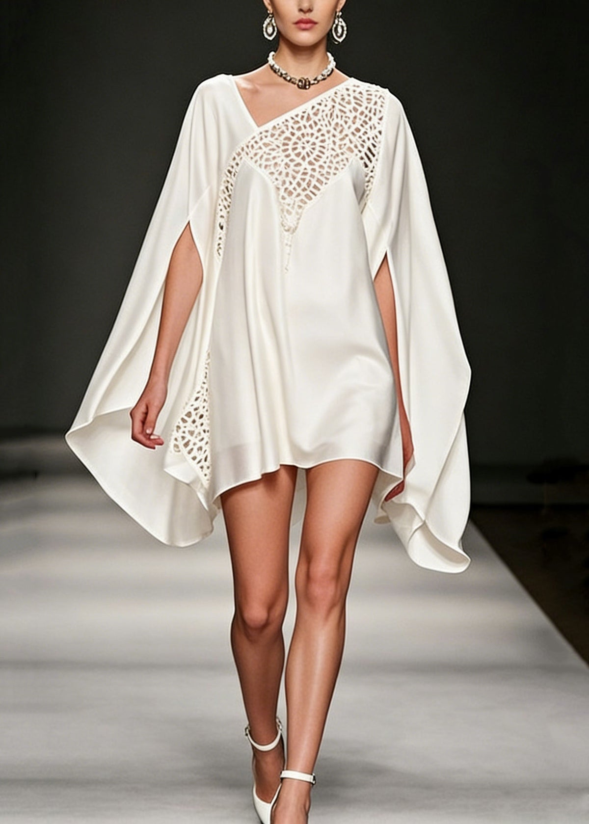 Asymmetrical Lace Inset Cape Sleeve Cutout Crochet Mini Dress
