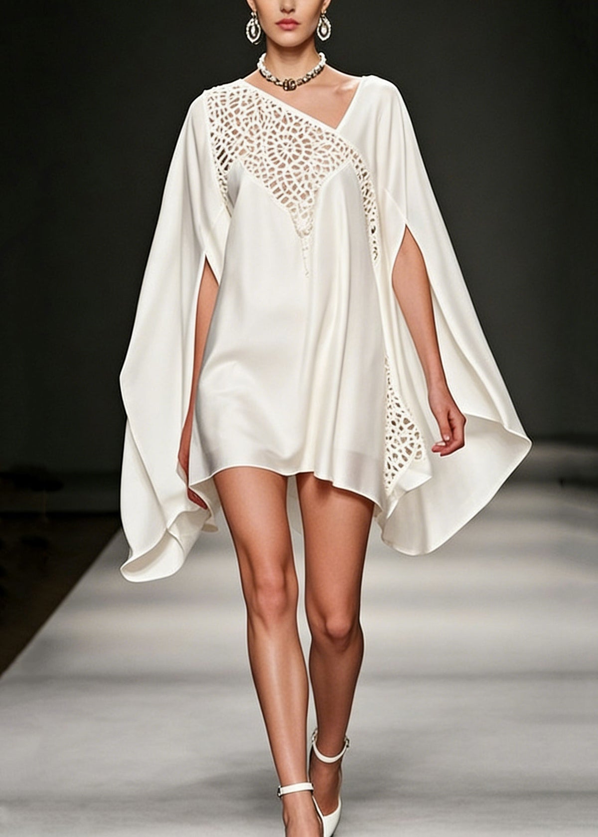 Asymmetrical Lace Inset Cape Sleeve Cutout Crochet Mini Dress