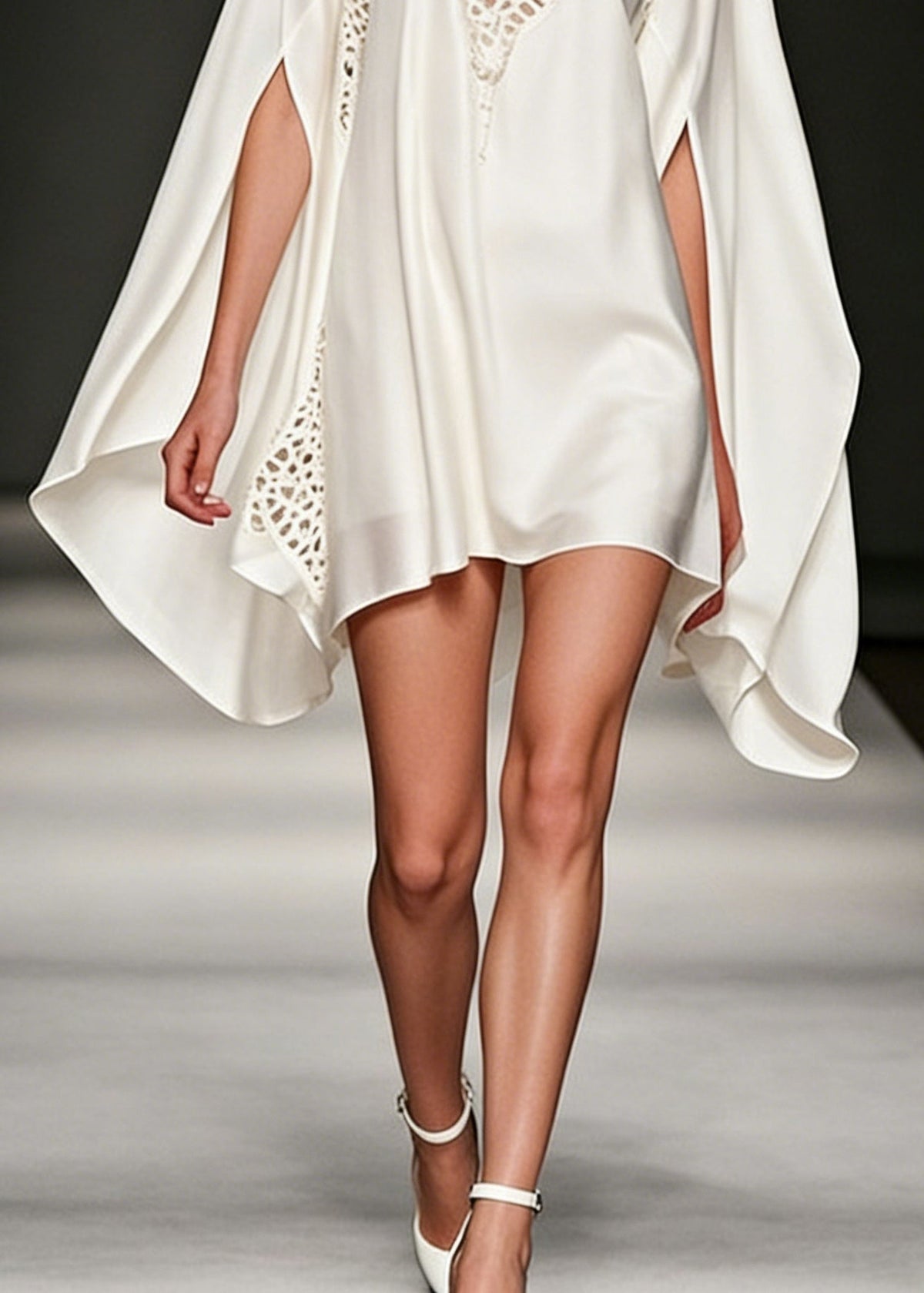 Asymmetrical Lace Inset Cape Sleeve Cutout Crochet Mini Dress