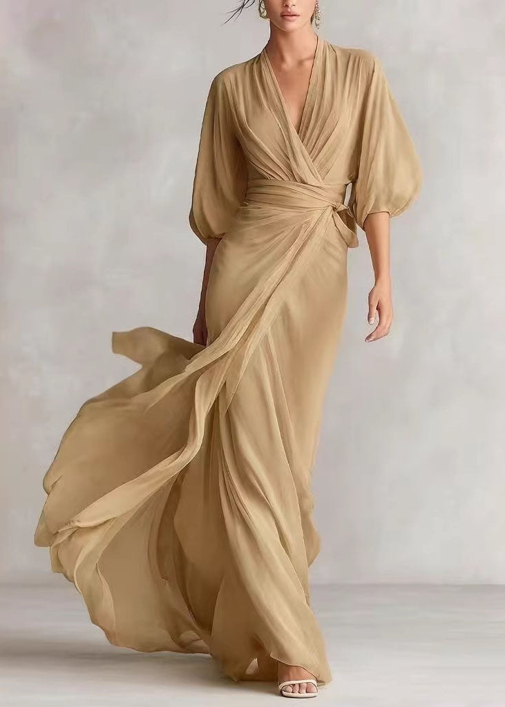 Pleated Wrap Front Balloon Sleeve Maxi Gown