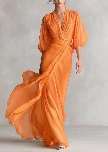 Pleated Wrap Front Balloon Sleeve Maxi Gown