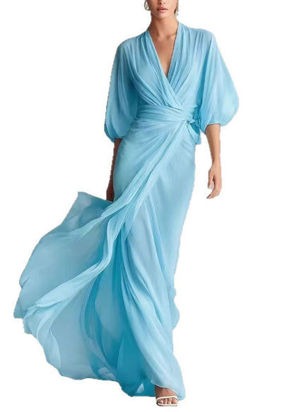 Pleated Wrap Front Balloon Sleeve Maxi Gown