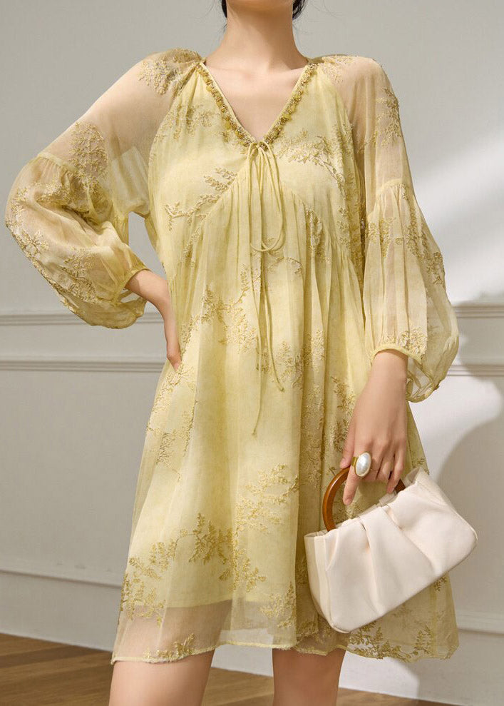 Deep V Neck Tie Front Puff Sleeve Embroidered Babydoll Mini Dress