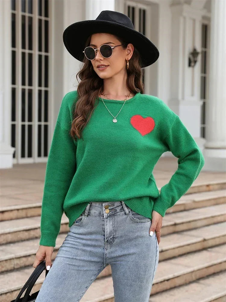 Fitshinling Heart Basic Autumn Winter Long Sleeve Cozy Green Sweater