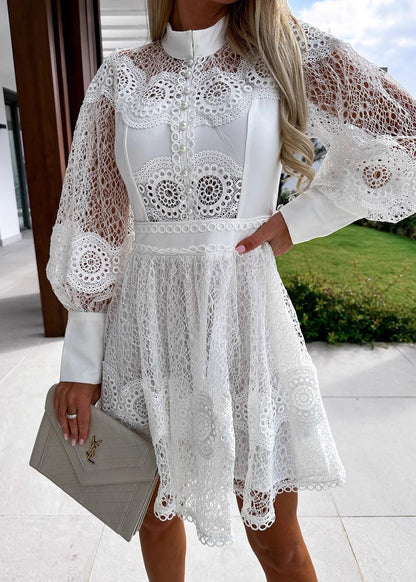 Lace Mock Neck Button Front Puff Sleeve Scalloped Mini Dress