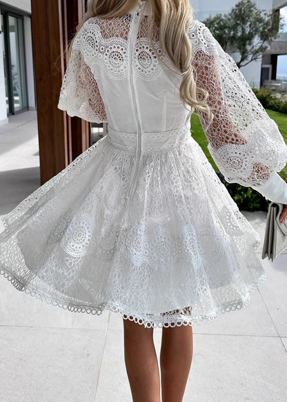 Lace Mock Neck Button Front Puff Sleeve Scalloped Mini Dress
