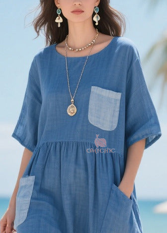 Round Neck Smock Waist Contrast Pocket Sheer Mesh Hem Midi Dress