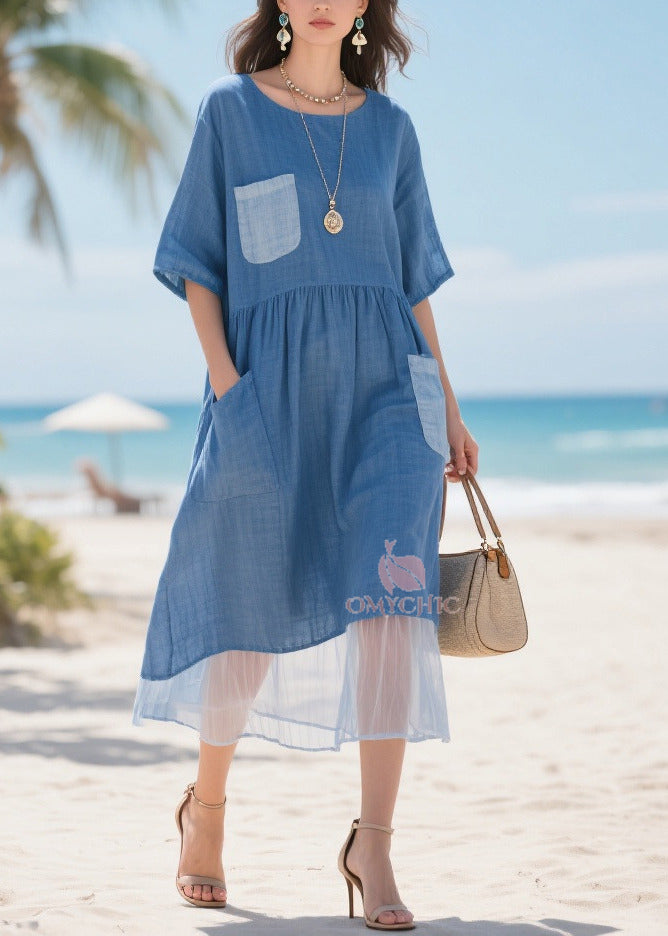 Round Neck Smock Waist Contrast Pocket Sheer Mesh Hem Midi Dress
