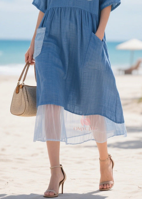 Round Neck Smock Waist Contrast Pocket Sheer Mesh Hem Midi Dress