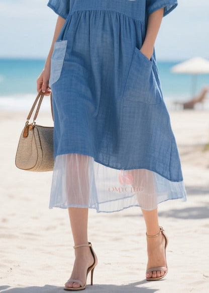 Round Neck Smock Waist Contrast Pocket Sheer Mesh Hem Midi Dress