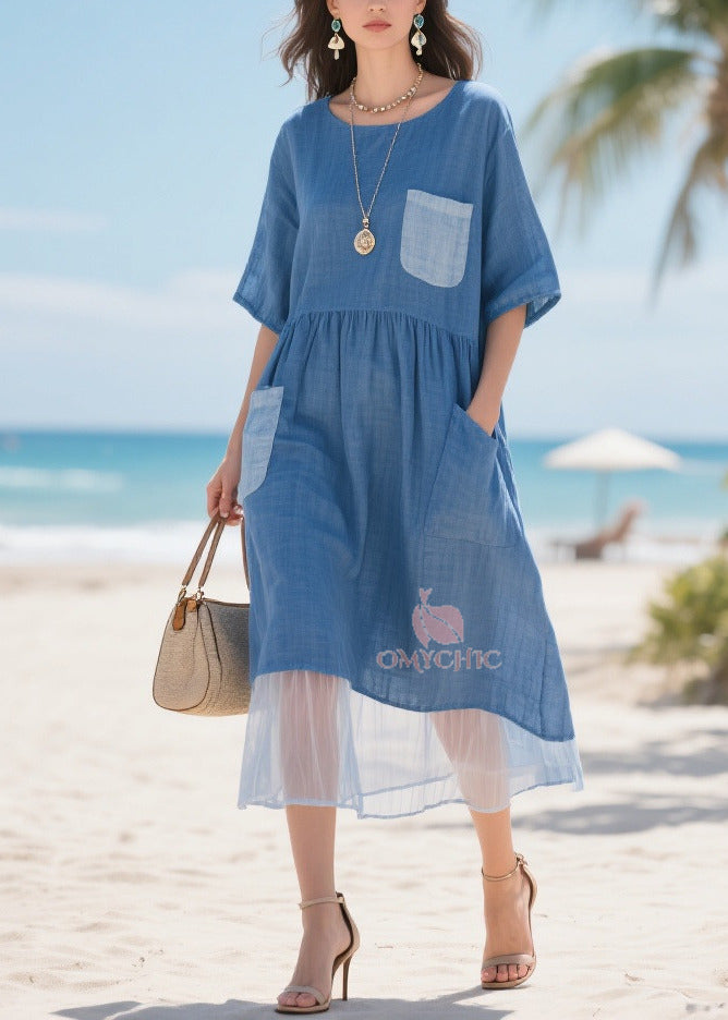 Round Neck Smock Waist Contrast Pocket Sheer Mesh Hem Midi Dress