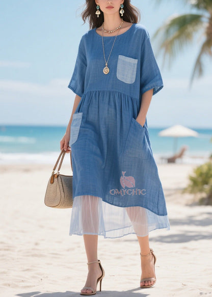Round Neck Smock Waist Contrast Pocket Sheer Mesh Hem Midi Dress