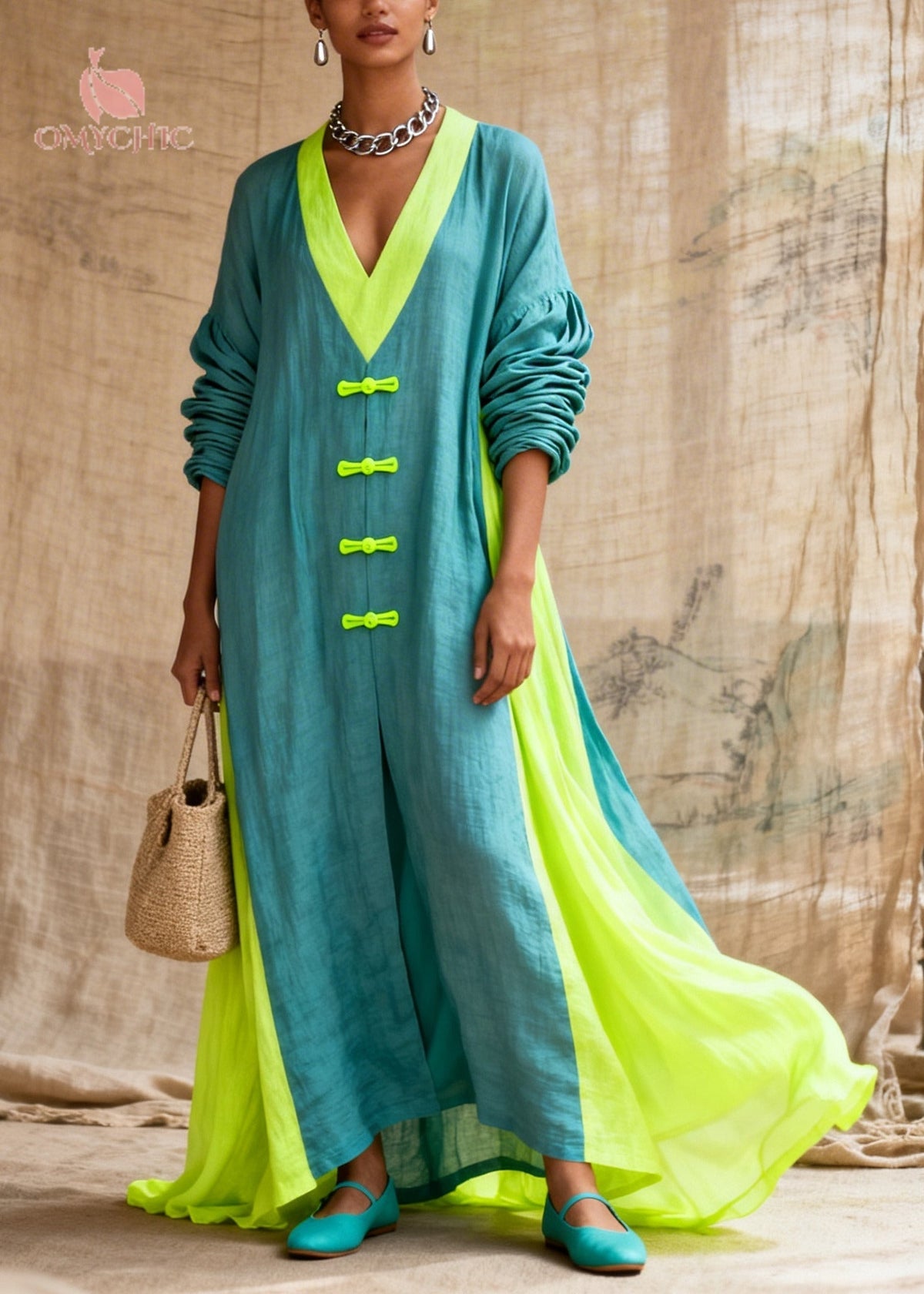 Deep V-Neck Frog Button Contrast Panel Balloon Sleeve Linen Maxi Dress