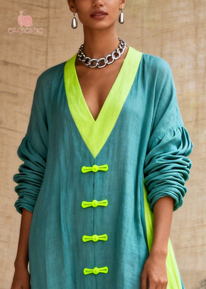 Deep V-Neck Frog Button Contrast Panel Balloon Sleeve Linen Maxi Dress