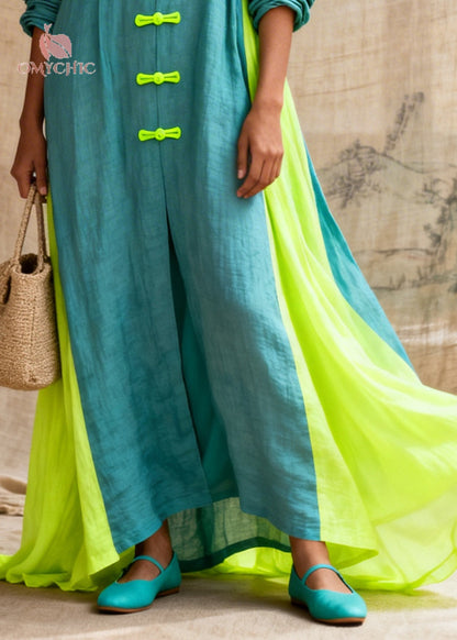 Deep V-Neck Frog Button Contrast Panel Balloon Sleeve Linen Maxi Dress