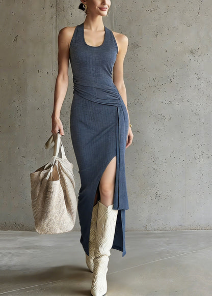 Sleeveless Halter Scoop Neck Ruched Side Slit Textured Knit Maxi Dress