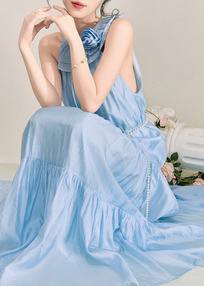 Halter Ruffle Collar 3D Flower Pearl Belt Tiered Crinkled Maxi Dress