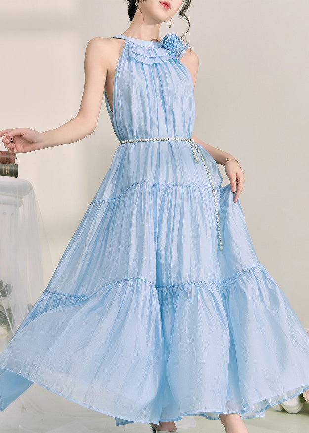 Halter Ruffle Collar 3D Flower Pearl Belt Tiered Crinkled Maxi Dress