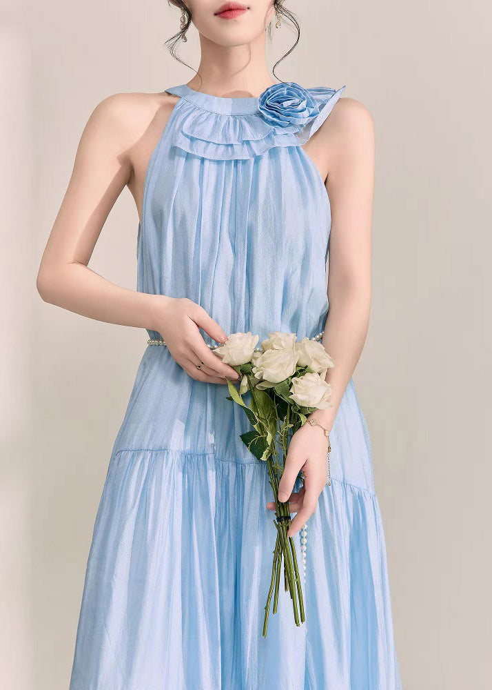 Halter Ruffle Collar 3D Flower Pearl Belt Tiered Crinkled Maxi Dress