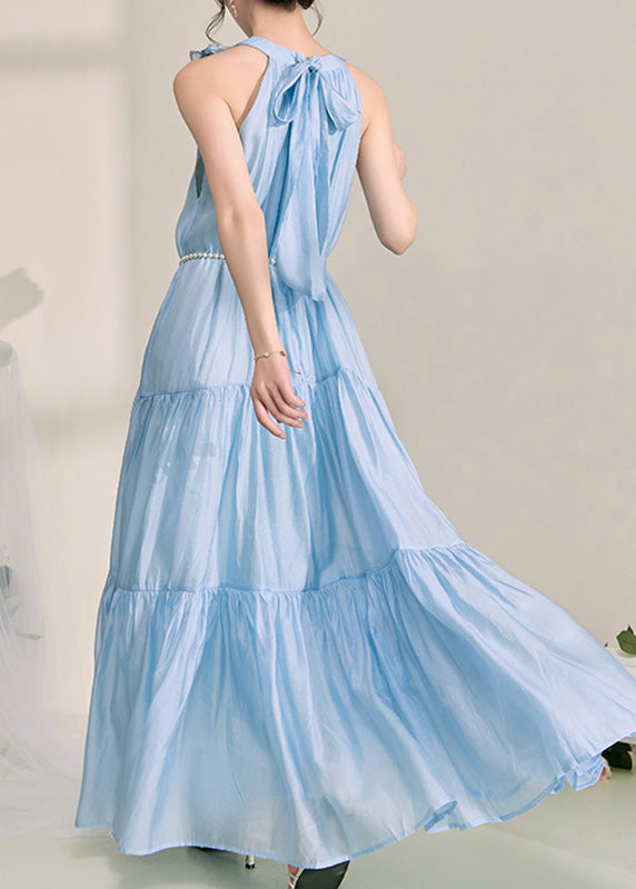 Halter Ruffle Collar 3D Flower Pearl Belt Tiered Crinkled Maxi Dress