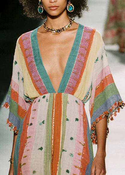 Deep V-Neck Vertical Stripe Pom-Pom Trim Kimono Sleeve Kaftan Midi Dress