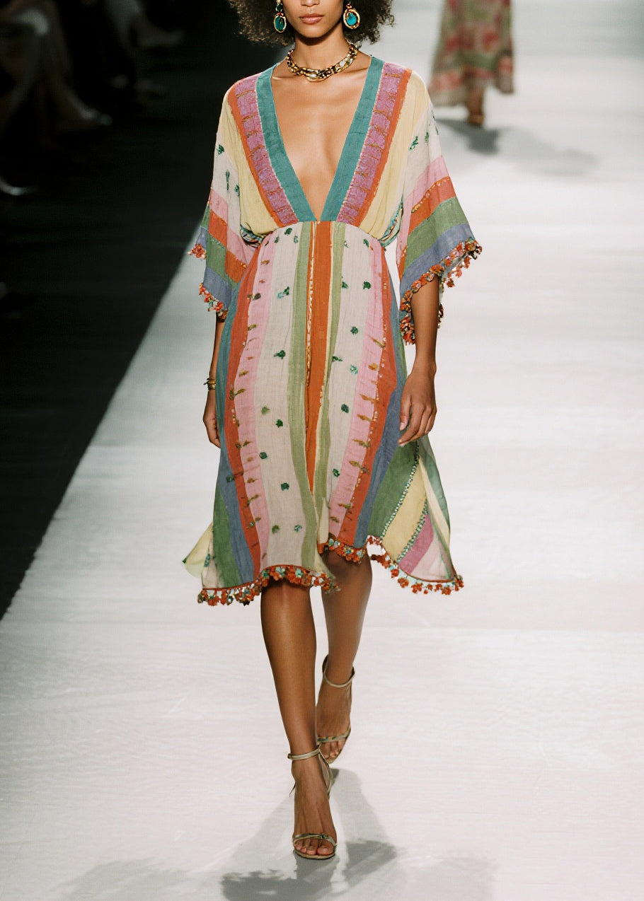 Deep V-Neck Vertical Stripe Pom-Pom Trim Kimono Sleeve Kaftan Midi Dress