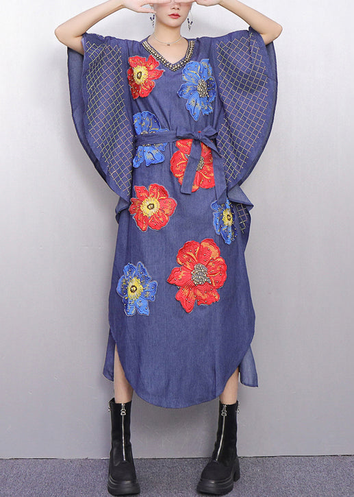 V-Neck Beaded Collar Butterfly Sleeve Floral Applique Denim Kaftan Midi Dress