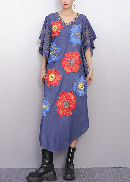 V-Neck Beaded Collar Butterfly Sleeve Floral Applique Denim Kaftan Midi Dress