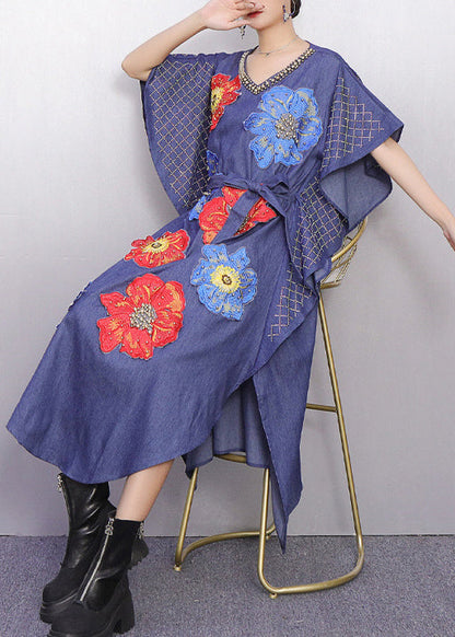 V-Neck Beaded Collar Butterfly Sleeve Floral Applique Denim Kaftan Midi Dress