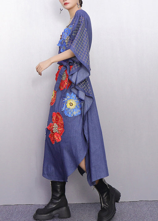 V-Neck Beaded Collar Butterfly Sleeve Floral Applique Denim Kaftan Midi Dress
