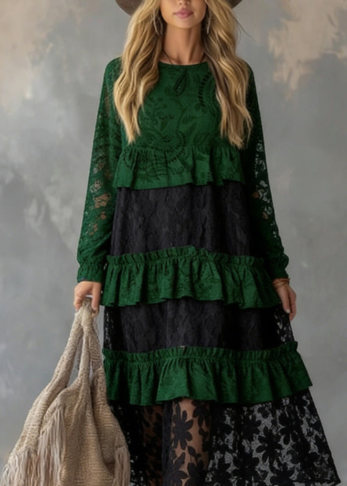 Round Neck Tiered Lace Panel Long Sleeve Shift Maxi Dress