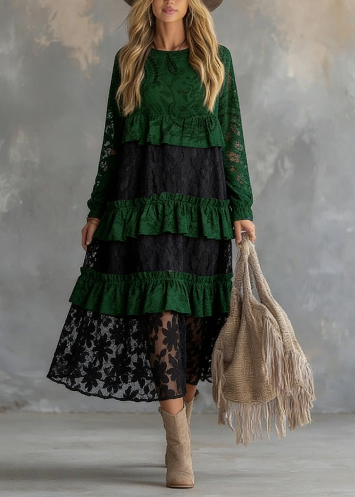 Round Neck Tiered Lace Panel Long Sleeve Shift Maxi Dress